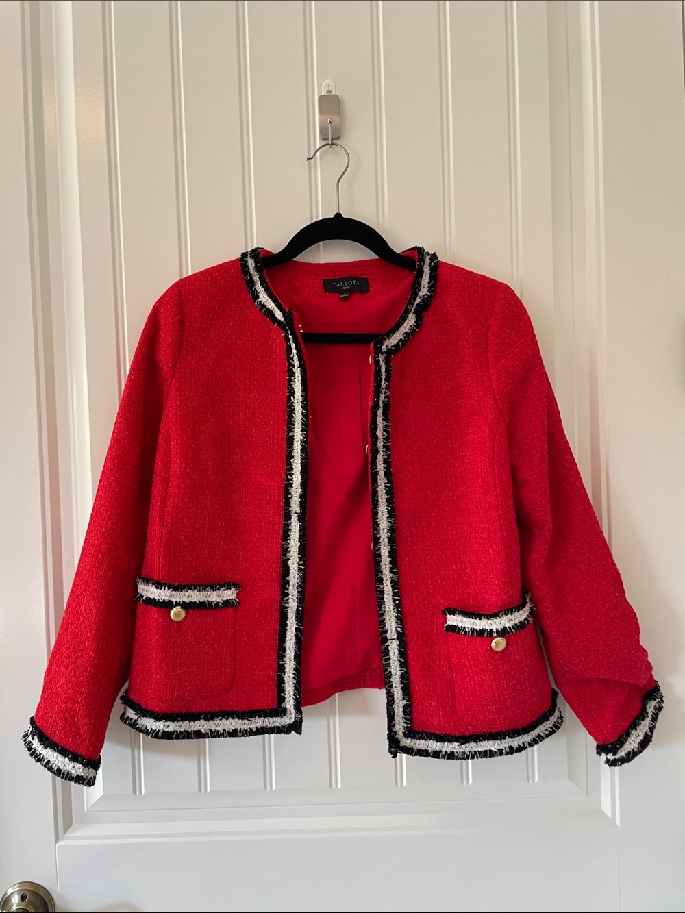Talbots Petite Red Bouclé Fringe-Trim Open-Front Jacket
